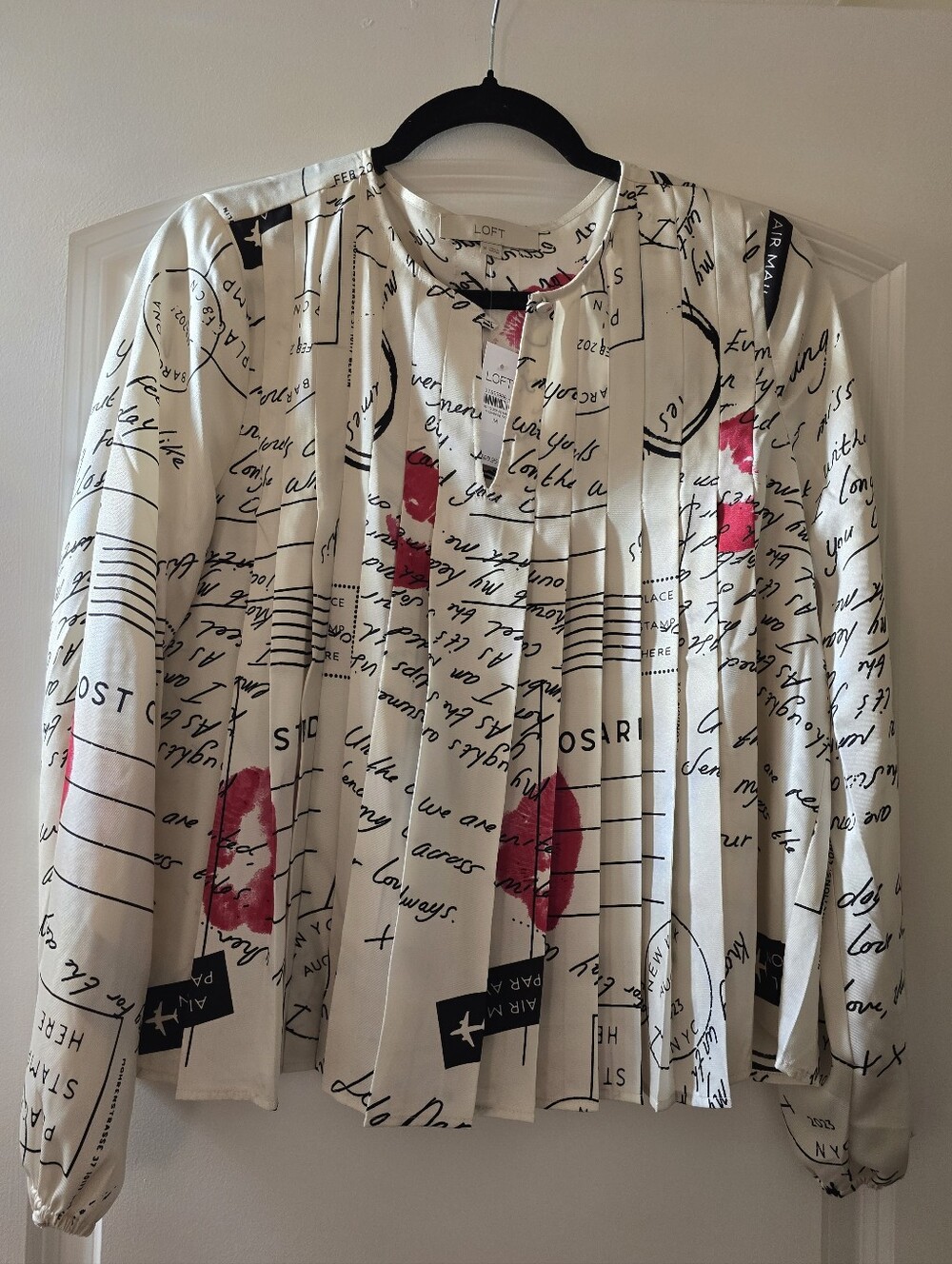 LOFT White Script-Print Pleated Blouse with Red Accents